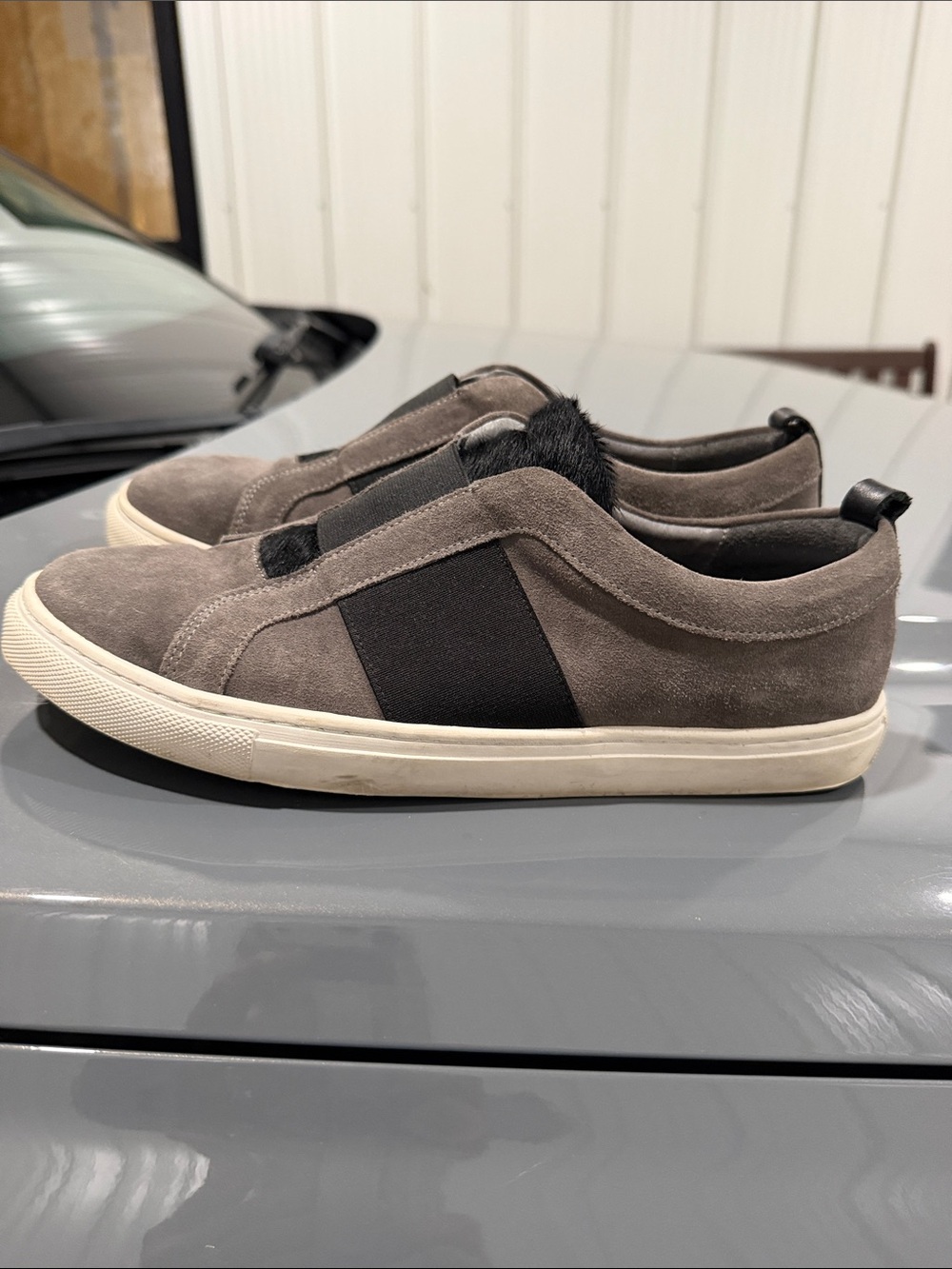 Matt Bernson Women’s/ Men’s Suede Slip-On Sneakers in Gray with Black Elastic